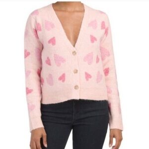 Cupcakes & Cashmere Pastel Pink Heart Valentine Varsity Knit Cardigan Sweater M